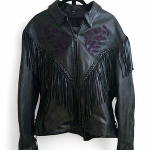 Vintage Leather Fringe Jacket Black Rose Embroidered Western Biker Moto XXL
